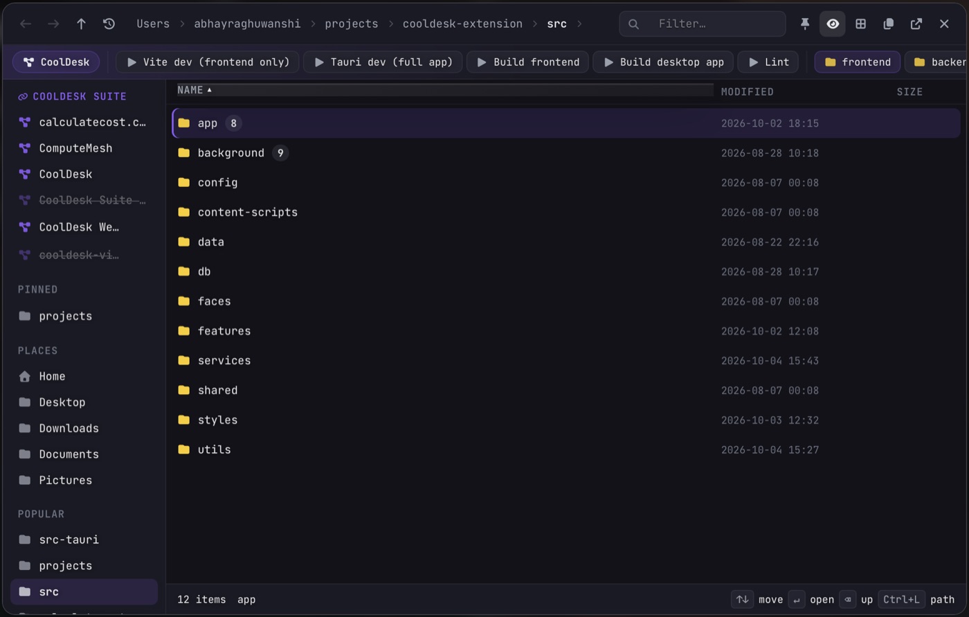 CoolDesk’s file manager open in the cooldesk-extension/src folder, with the space’s commands (Vite dev, Tauri dev, Build frontend, Build desktop app, Lint) as buttons along the top and linked spaces in the sidebar.