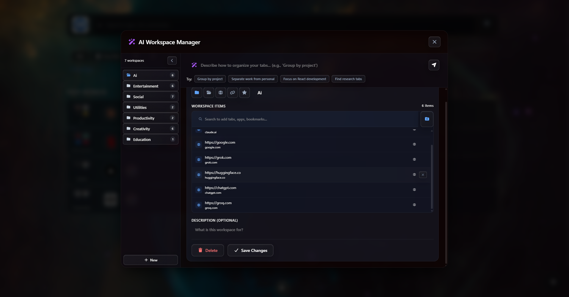 CoolDesk AI Workspace Manager — describing how to organize tabs into a new workspace